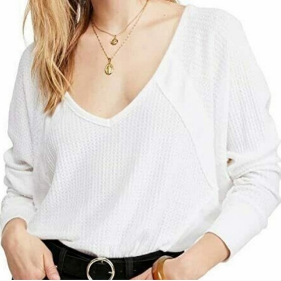 Free People/We the Free Oversized White Waffle Knit Long Sleeve Top Size Small - Picture 1 of 11
